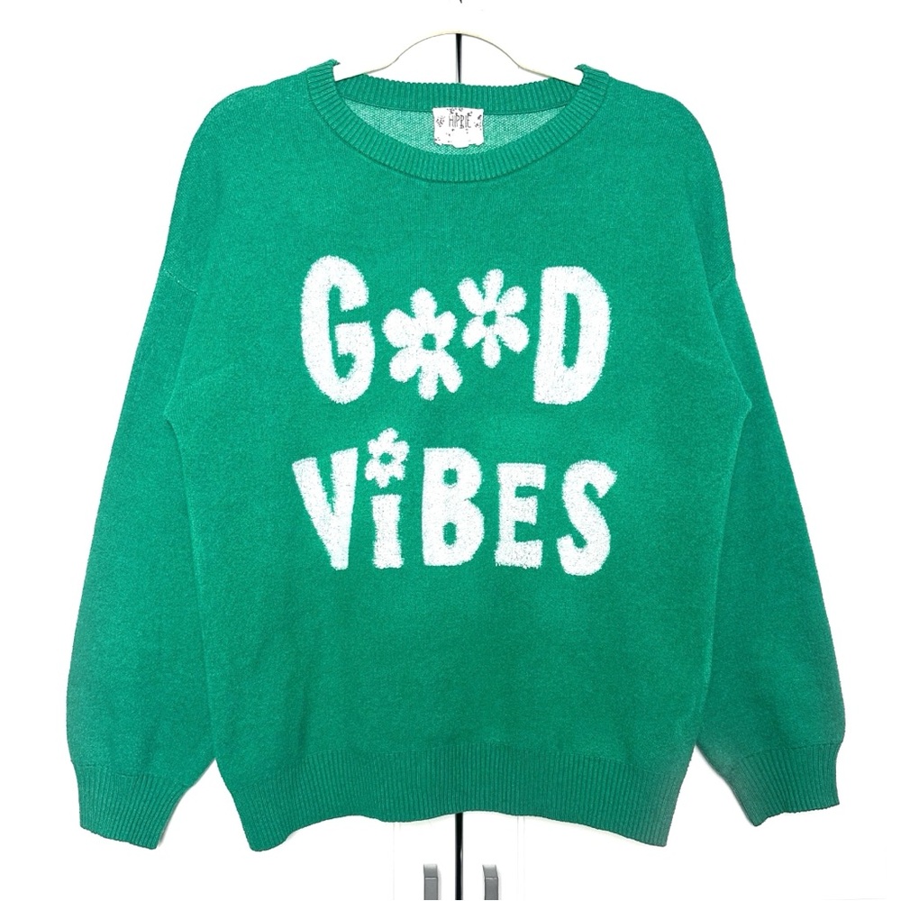 Hippie Rose good vibes funky retro sweater | Size M | green, white